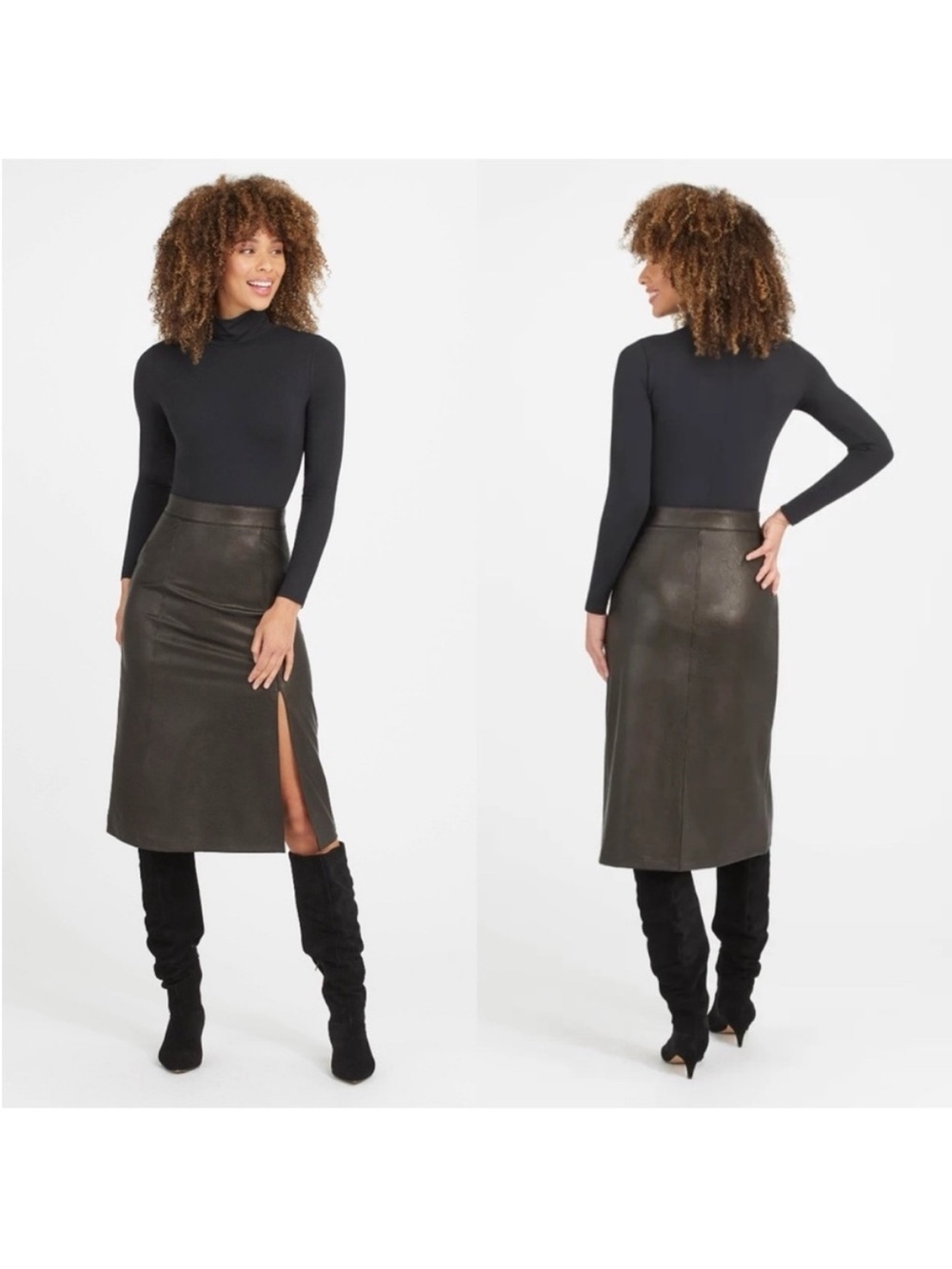 Spanx Faux Leather Black Midi Slit Skirt 20321R Medium NWT